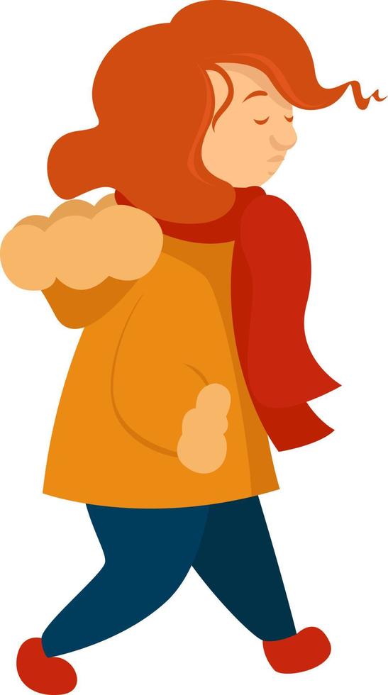 Girl with a yellow winter jacket, illustration, vector on a white background.