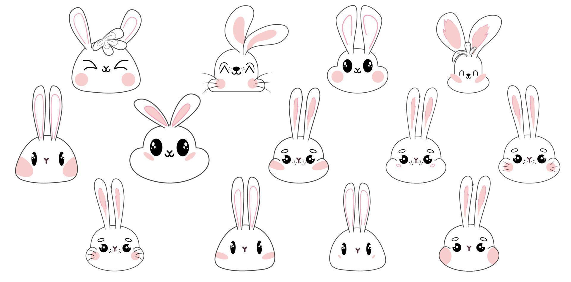 Rabbits Set. Outline Bunnies Faces. Simple cute silhouette faces of hares vector