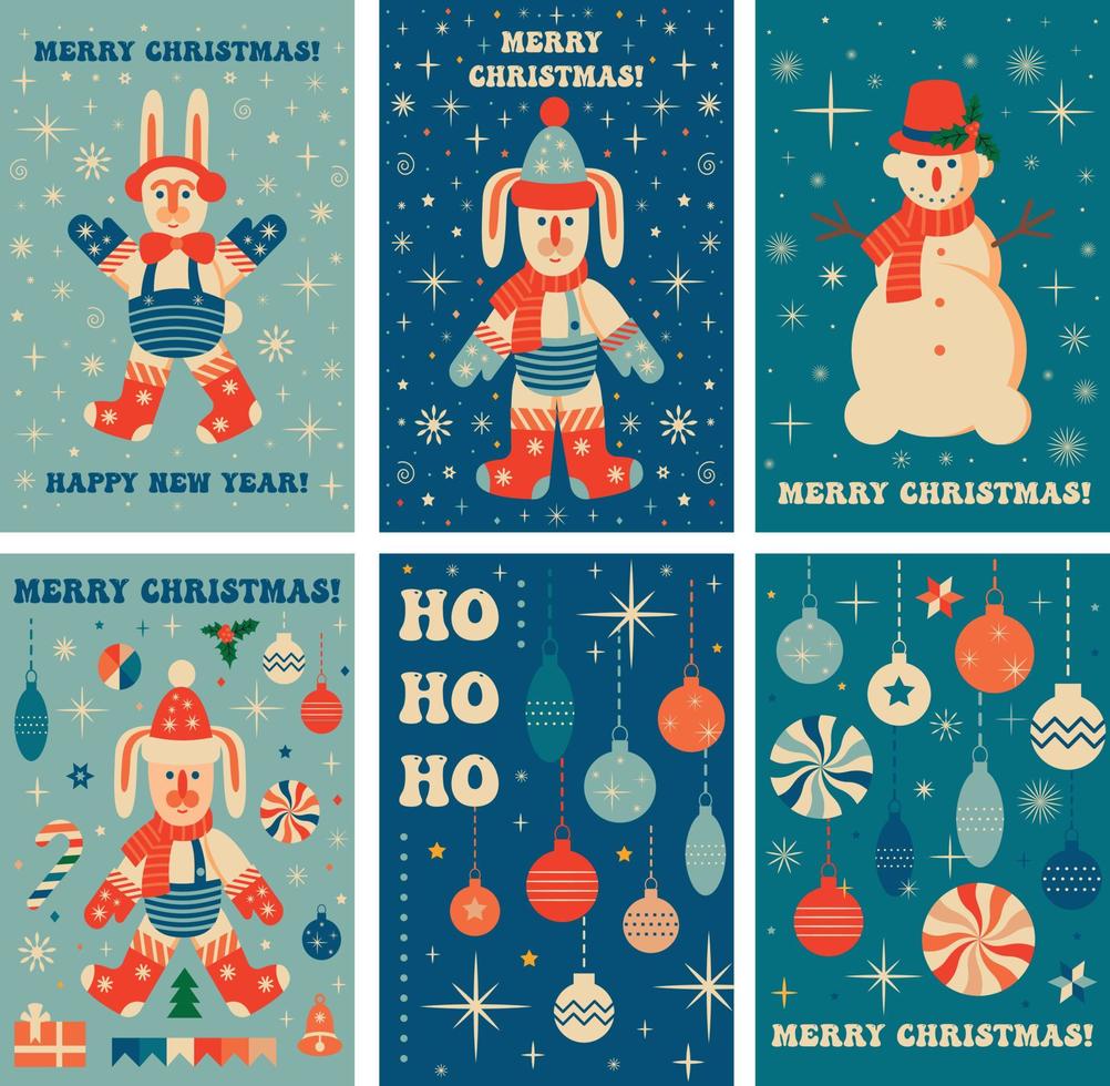 Set of Retro groovy Christmas greeting cards vector