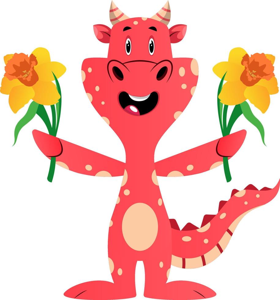 Dragón rojo está sosteniendo flores, ilustración, vector sobre fondo blanco.