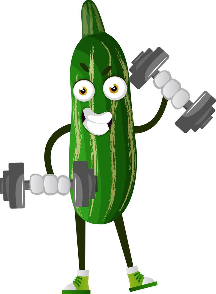 Cucumber lifting weights, illustration, vector on white background.