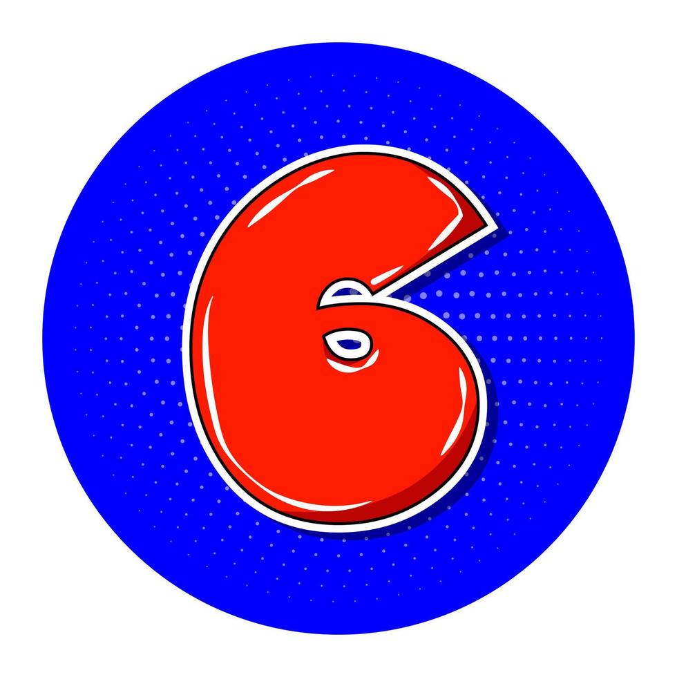 Pop art red number 6 over blue dotted circle. vector