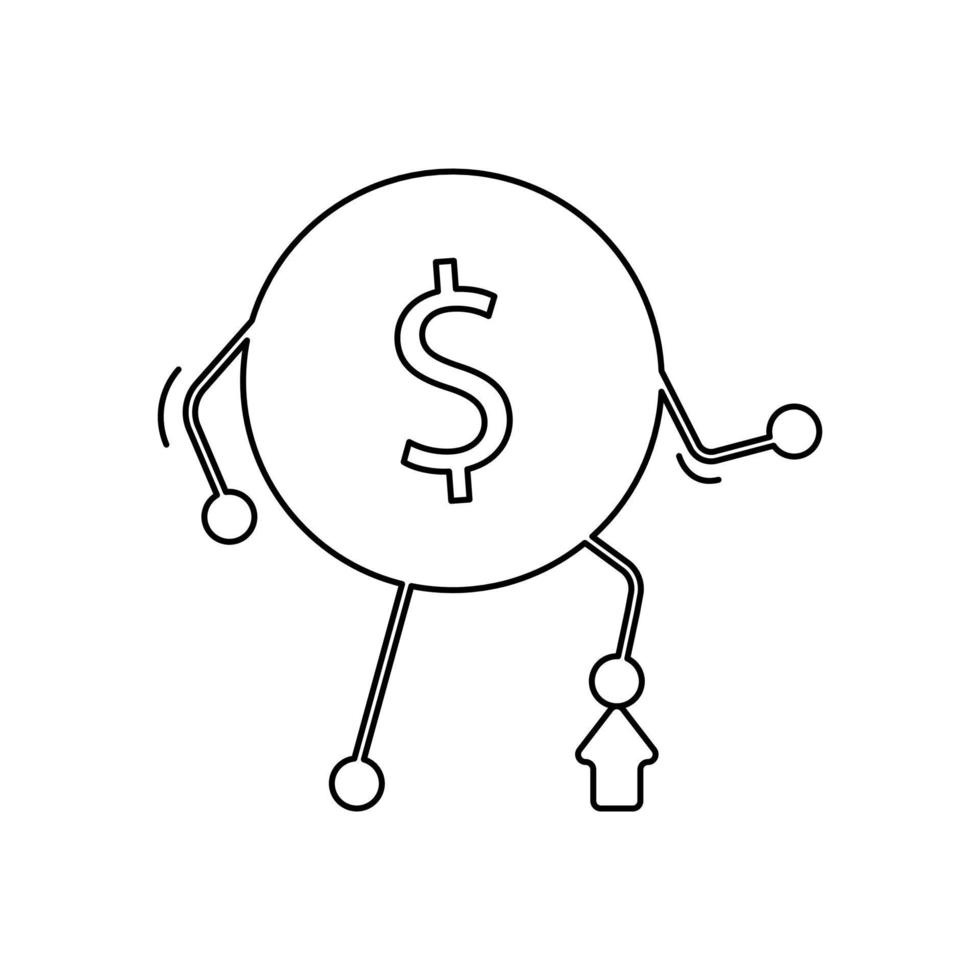 The dollar coin steps on up arrow. The concept of a successful business. Outline illustration vector