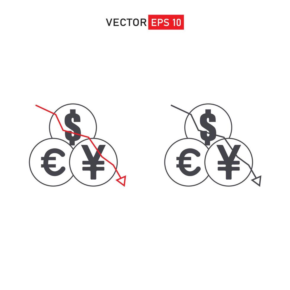 disminución del valor del dólar, el euro, la libra esterlina. concepto de icono de reducción de costes aislado sobre fondo blanco. inflación de ilustración vectorial vector