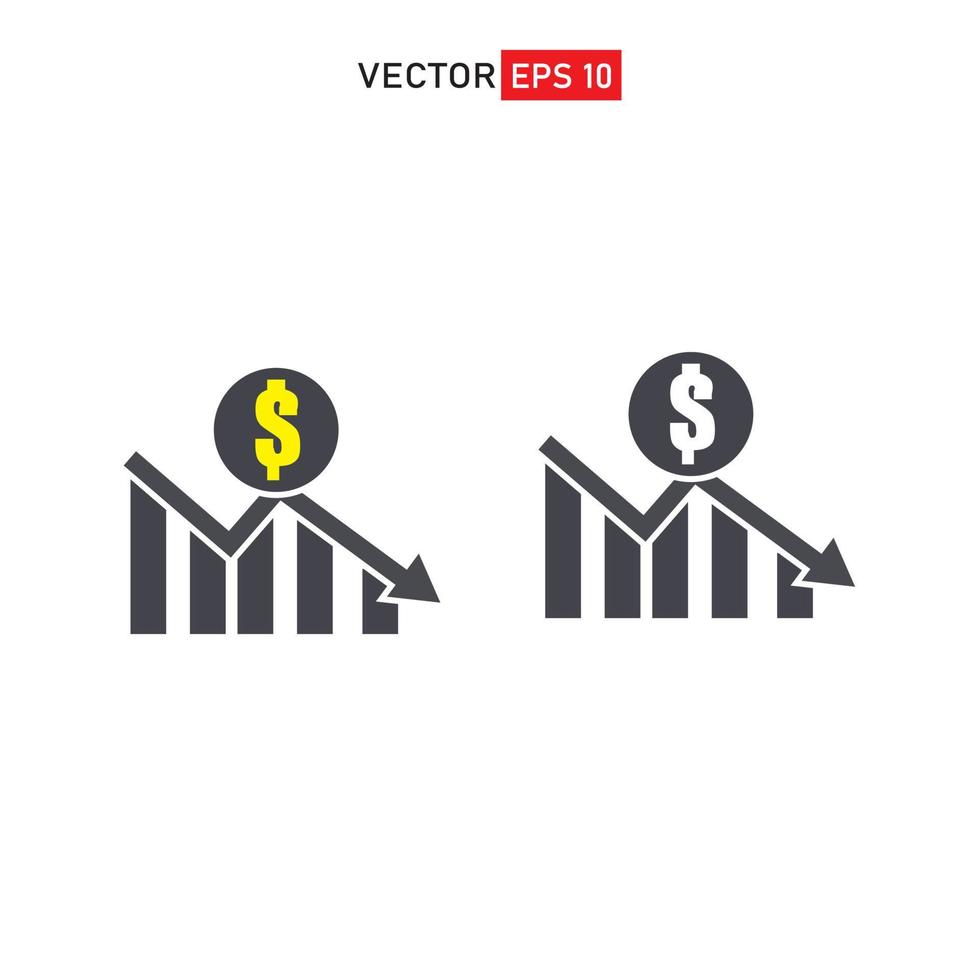 gráfico de dólar hacia abajo icono simple. declive de las finanzas, la banca. dólar decreciente gráfico inflación vector icono