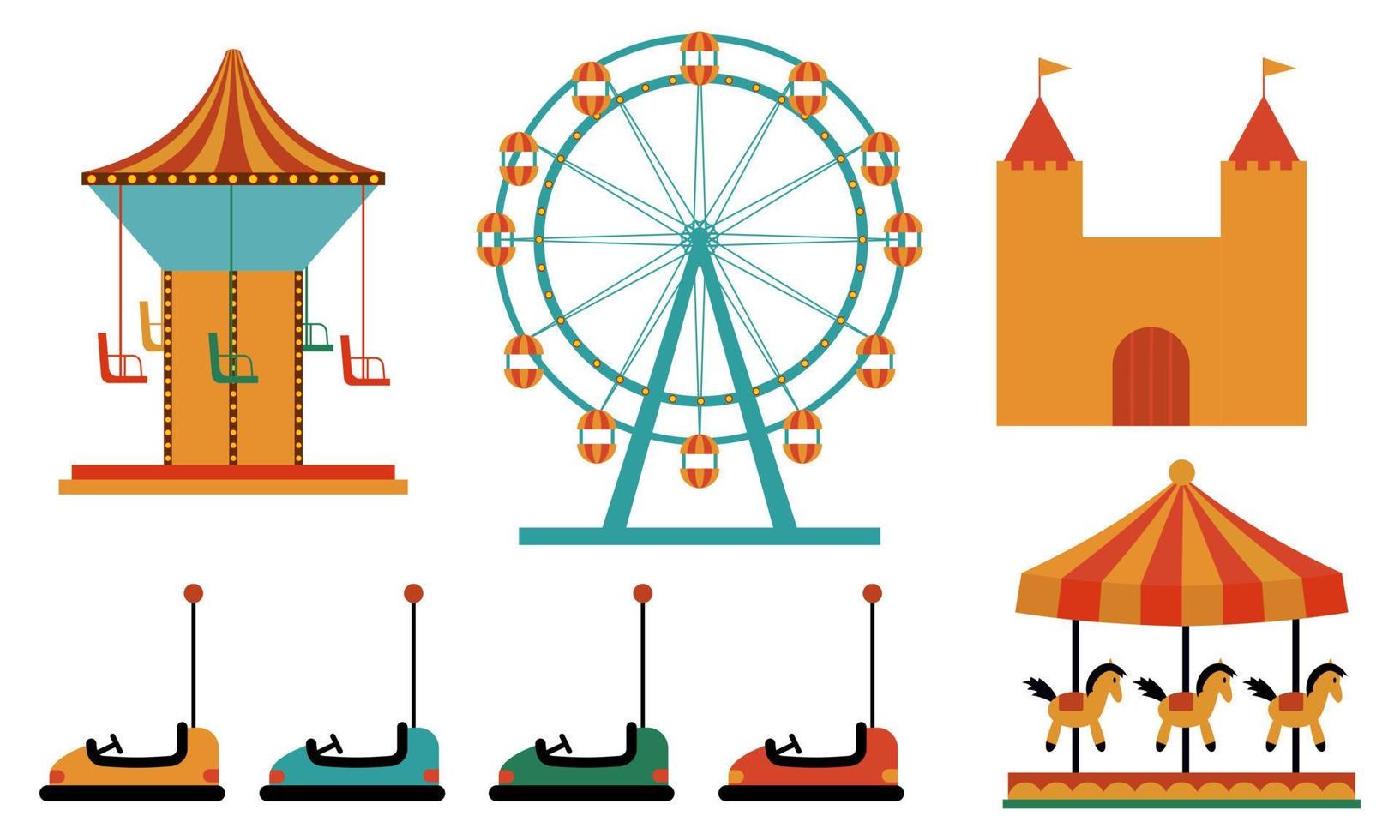 Amusement park attractions. carnival kids carousel, ferris wheel attraction and amusing fairground e vector