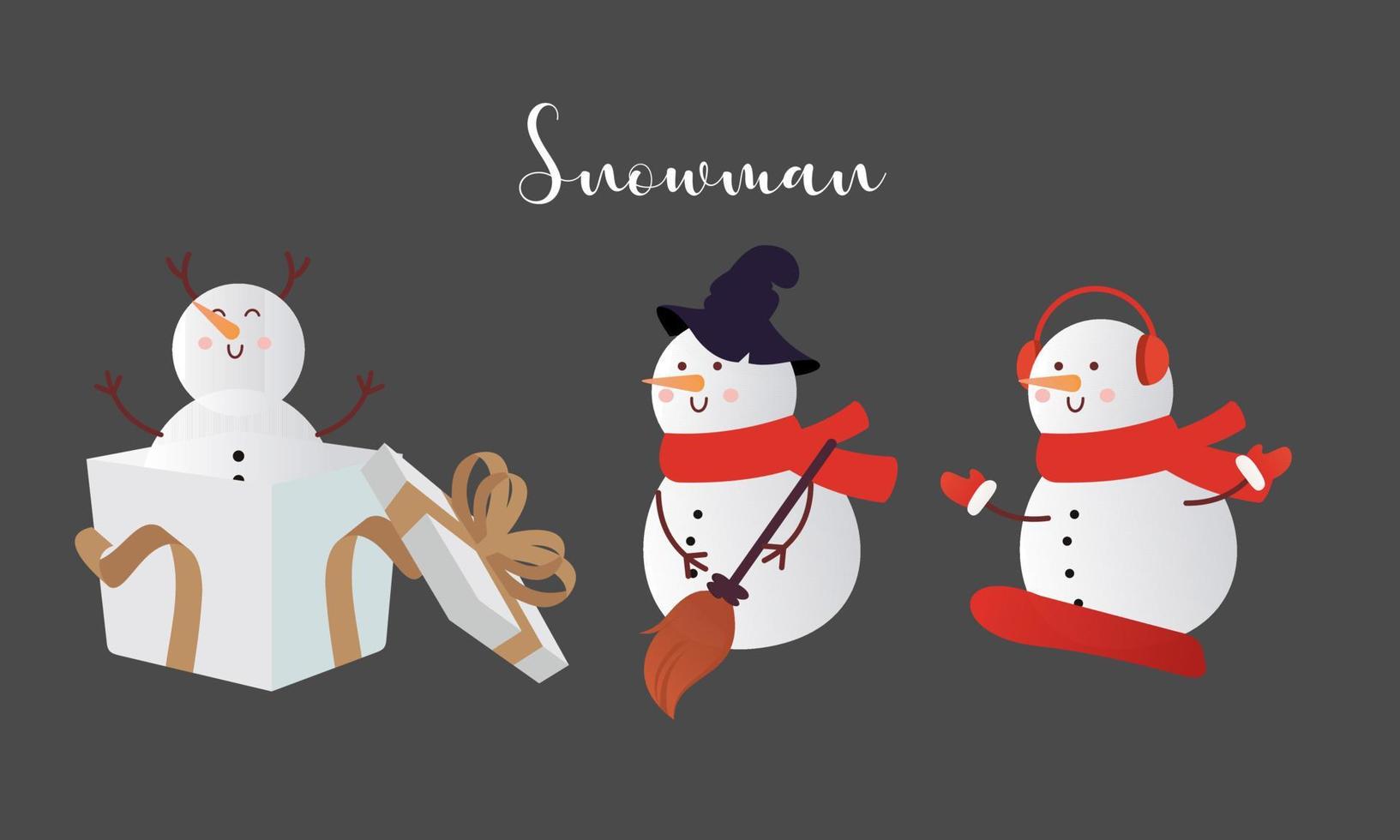 Set of cartoon snowmen in different poses vector illustration