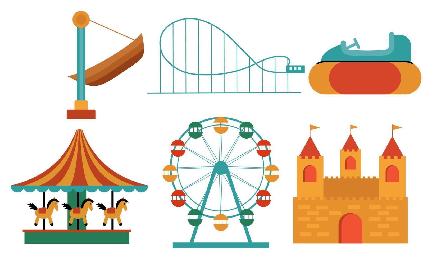 Amusement park attractions. carnival kids carousel, ferris wheel attraction and amusing fairground e vector