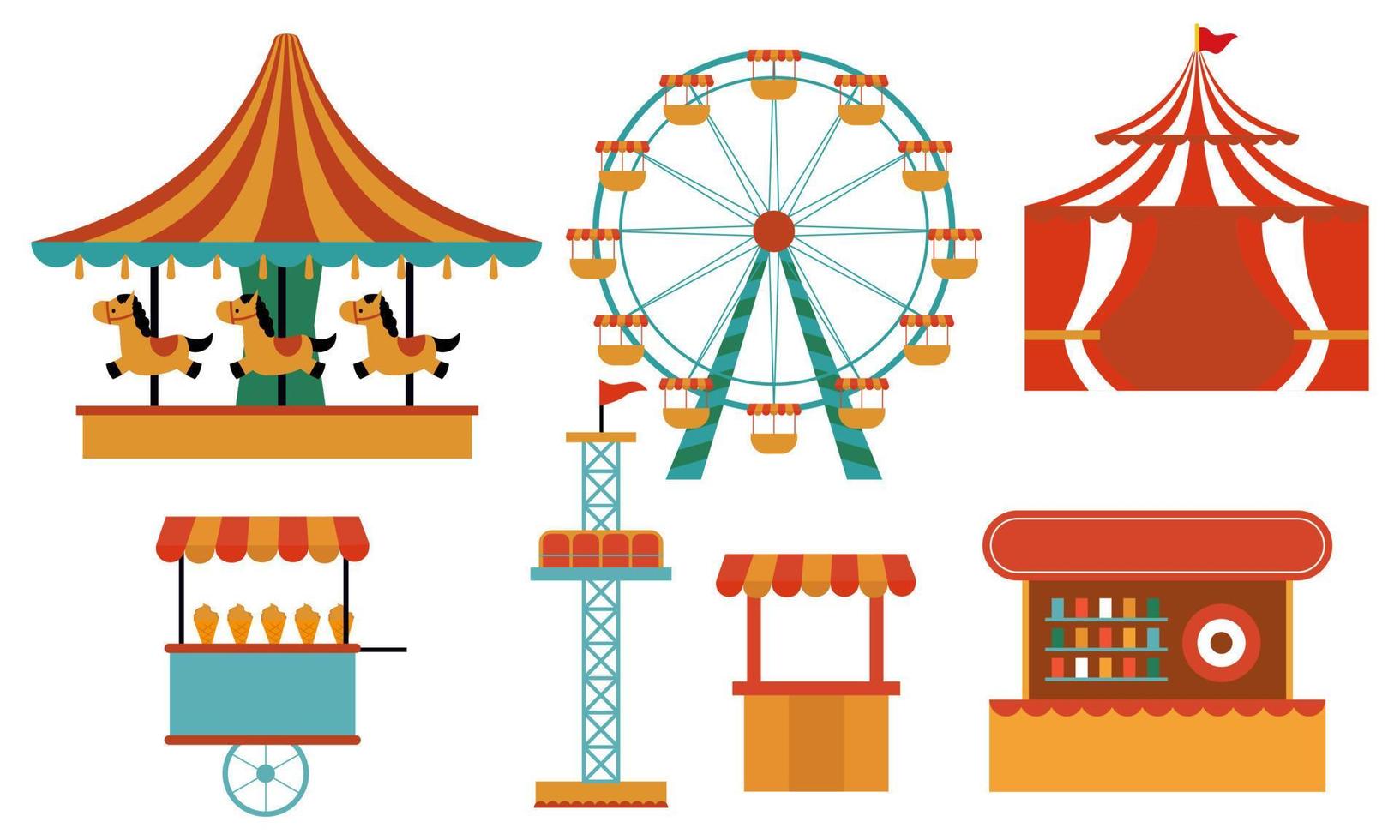 Amusement park attractions. carnival kids carousel, ferris wheel attraction and amusing fairground e vector