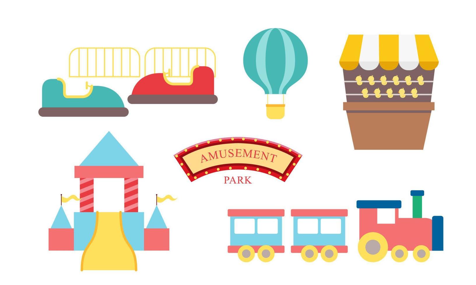 Amusement park attractions. carnival kids carousel, ferris wheel attraction and amusing fairground e vector