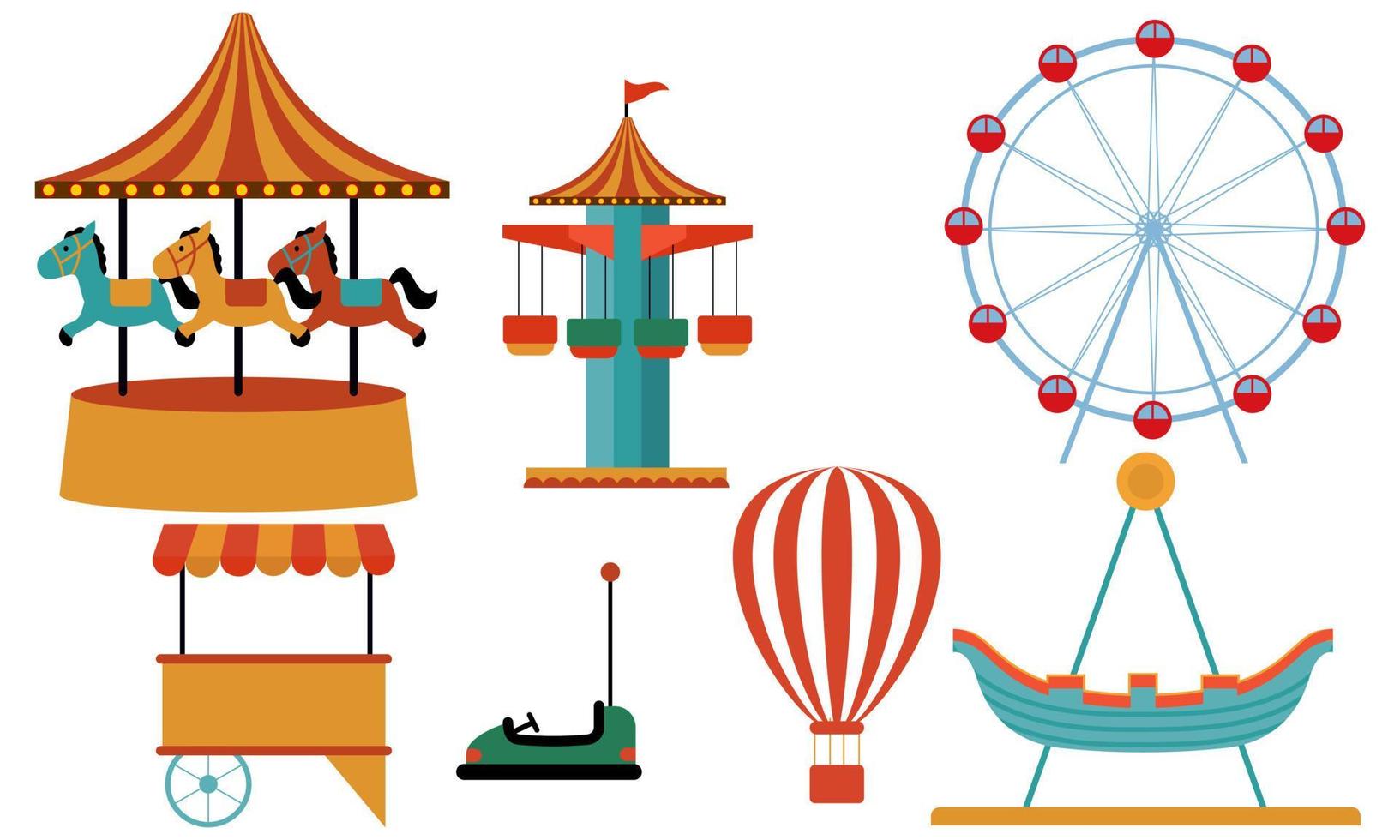 Amusement park attractions. carnival kids carousel, ferris wheel attraction and amusing fairground e vector