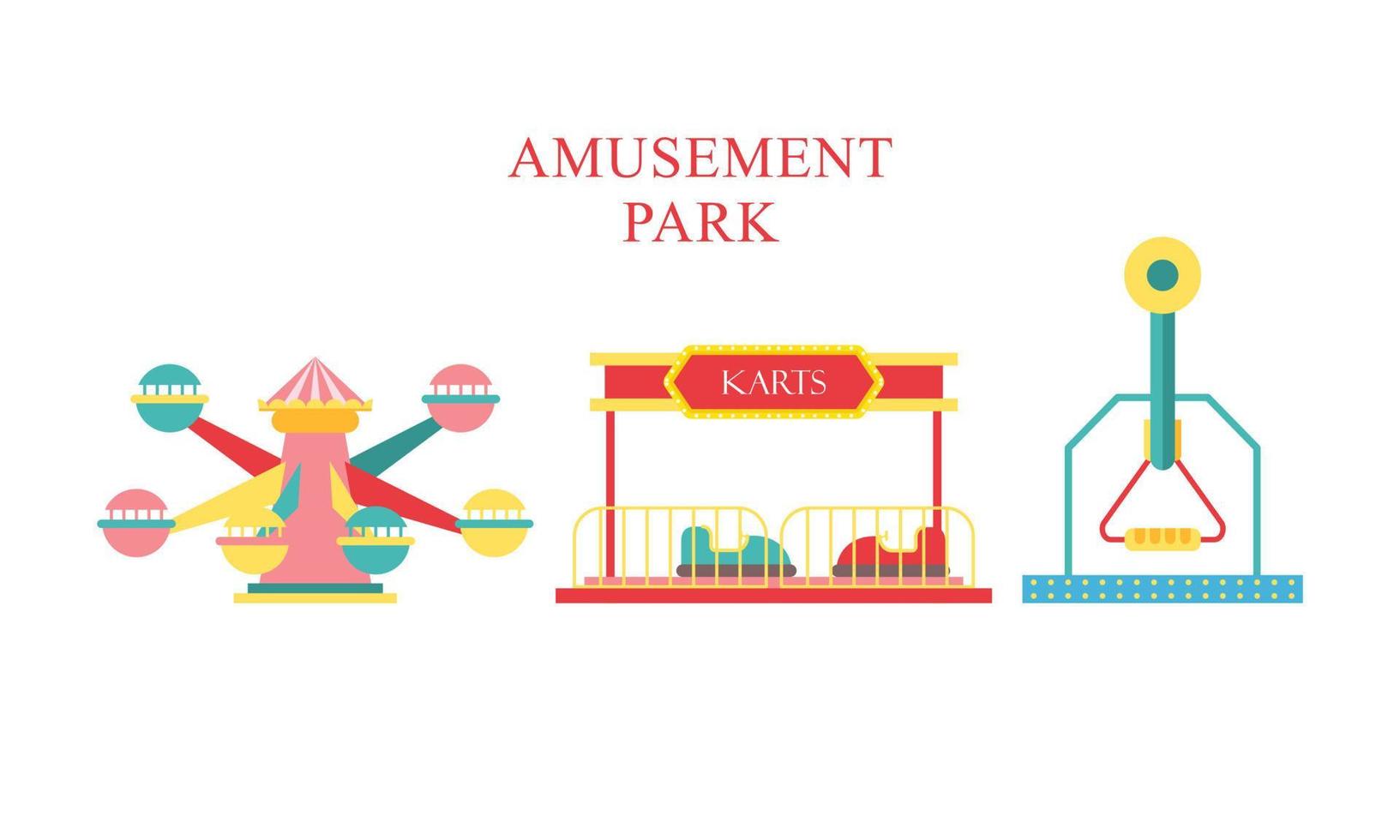 Amusement park attractions. carnival kids carousel, ferris wheel attraction and amusing fairground e vector