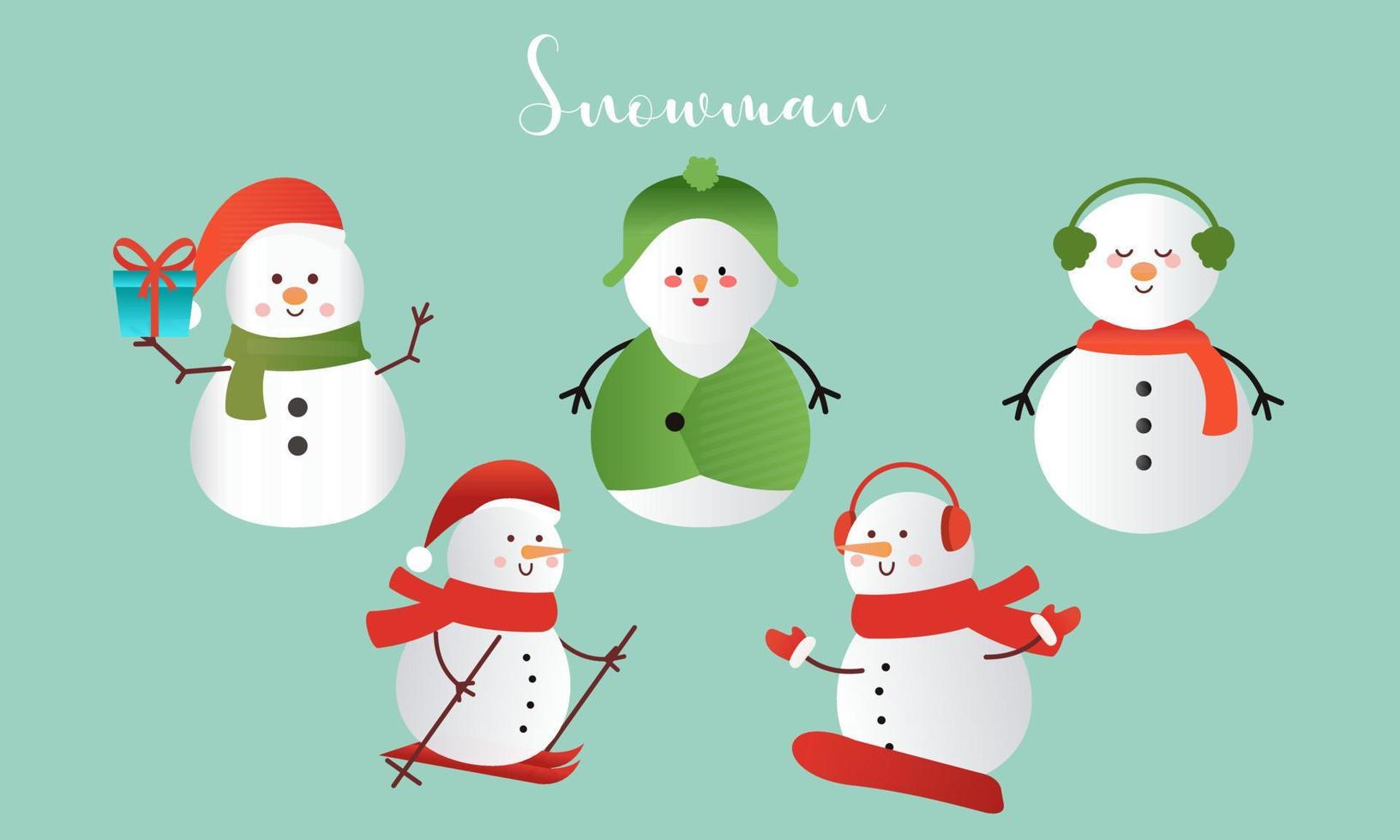conjunto de muñecos de nieve de dibujos animados en diferentes poses ilustración vectorial vector
