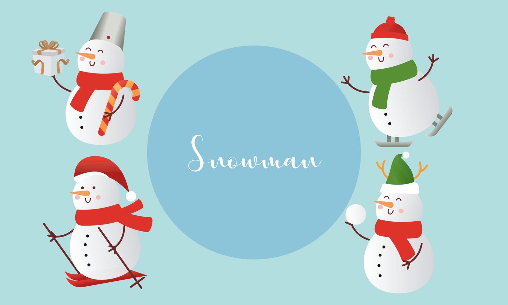 Set of cartoon snowmen in different poses vector illustration