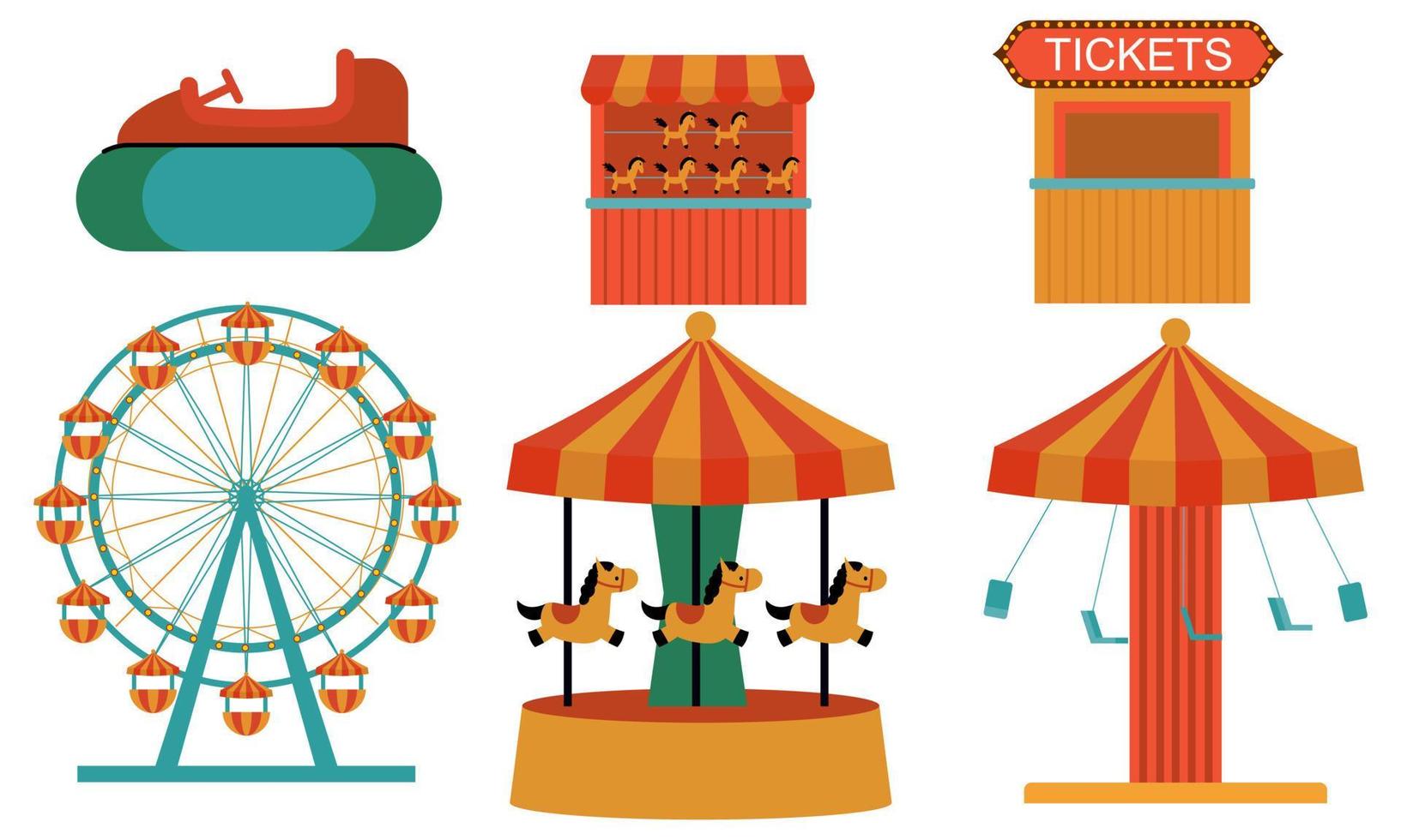 Amusement park attractions. carnival kids carousel, ferris wheel attraction and amusing fairground e vector