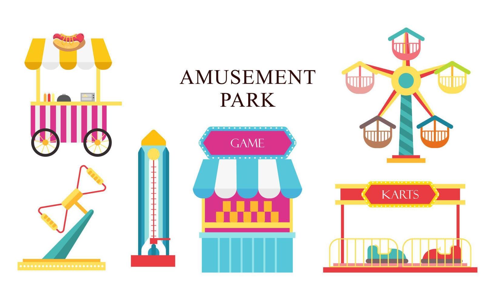 atracciones del parque de atracciones. carrusel infantil de carnaval, atracción de noria y divertido parque de atracciones vector