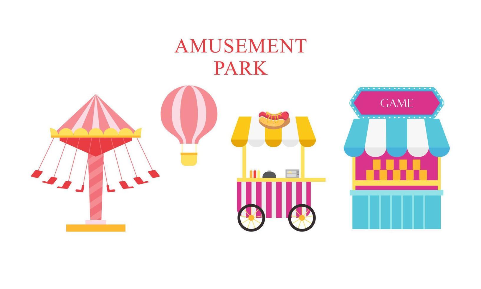 Amusement park attractions. carnival kids carousel, ferris wheel attraction and amusing fairground e vector