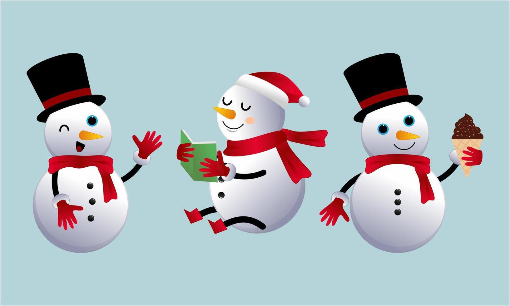 Set of cartoon snowmen in different poses vector illustration