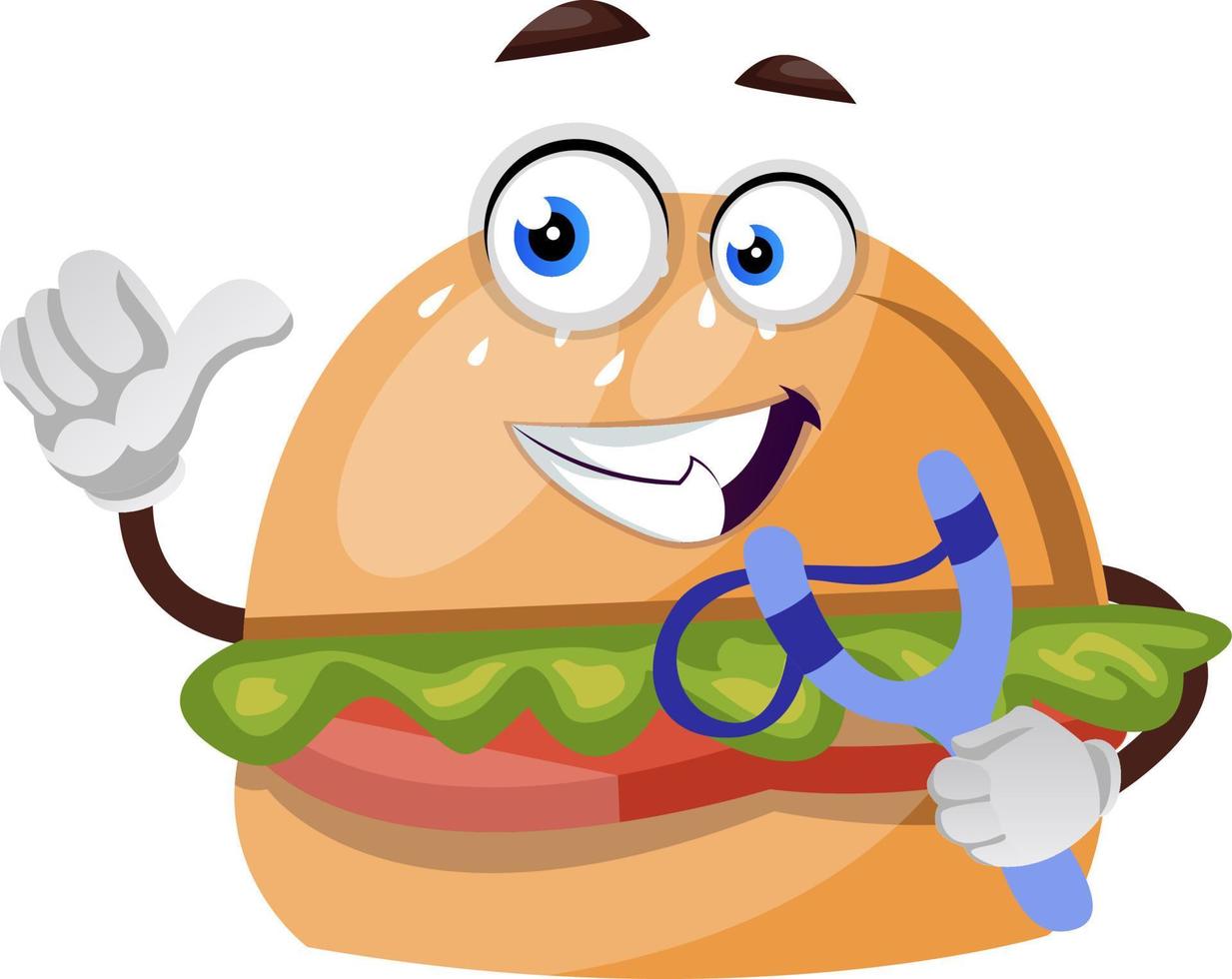 Burger with sling shot, illustration, vector on white background.
