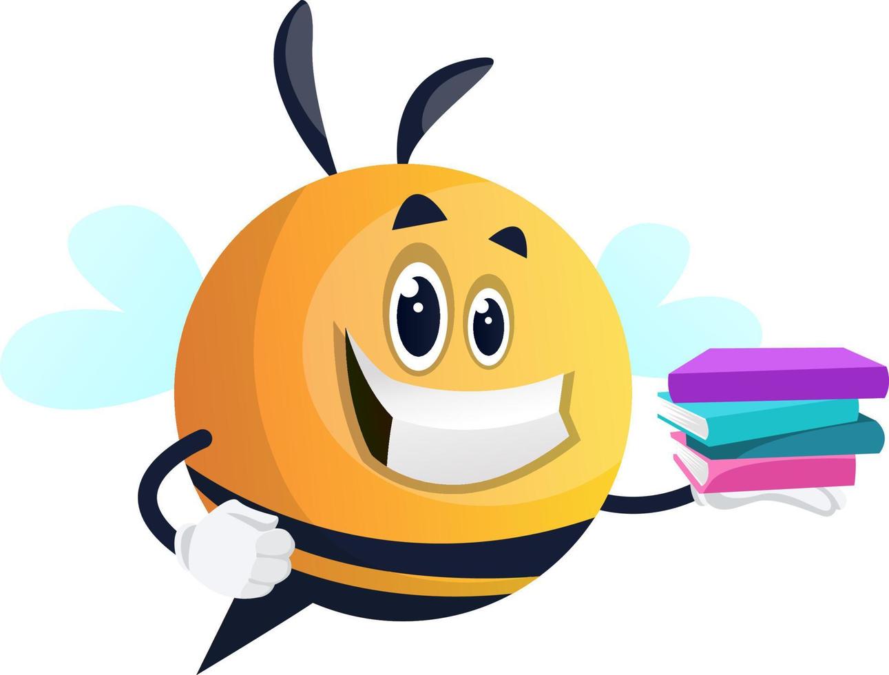 abeja sonriente sosteniendo un libro, ilustración, vector sobre fondo blanco.