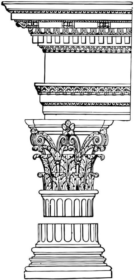 Corinthian Pillar, scrolls,  vintage engraving. vector