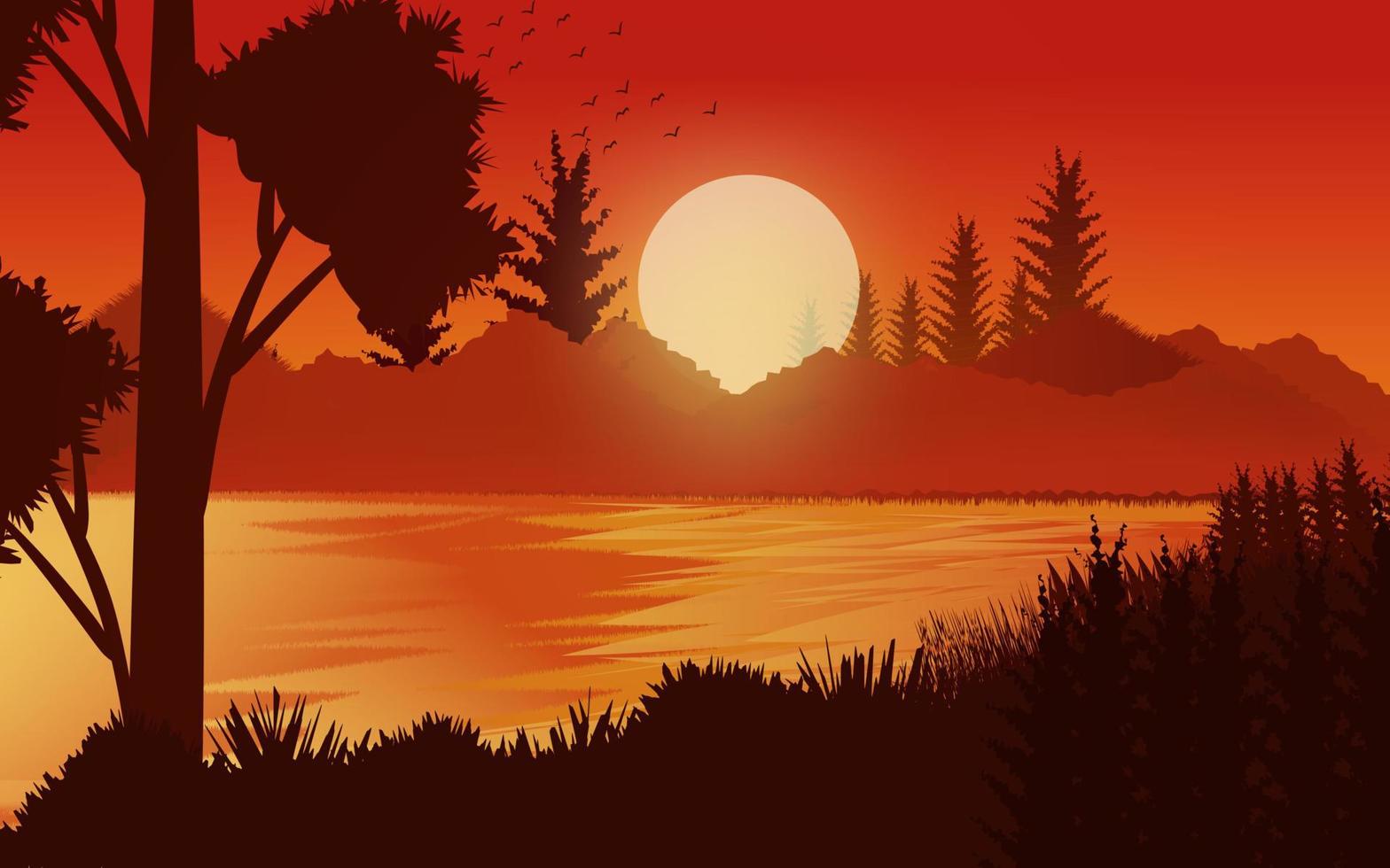 escena del atardecer en el bosque. cielo de bosque brillante con ilustración de fondo de paisaje de montañas vector