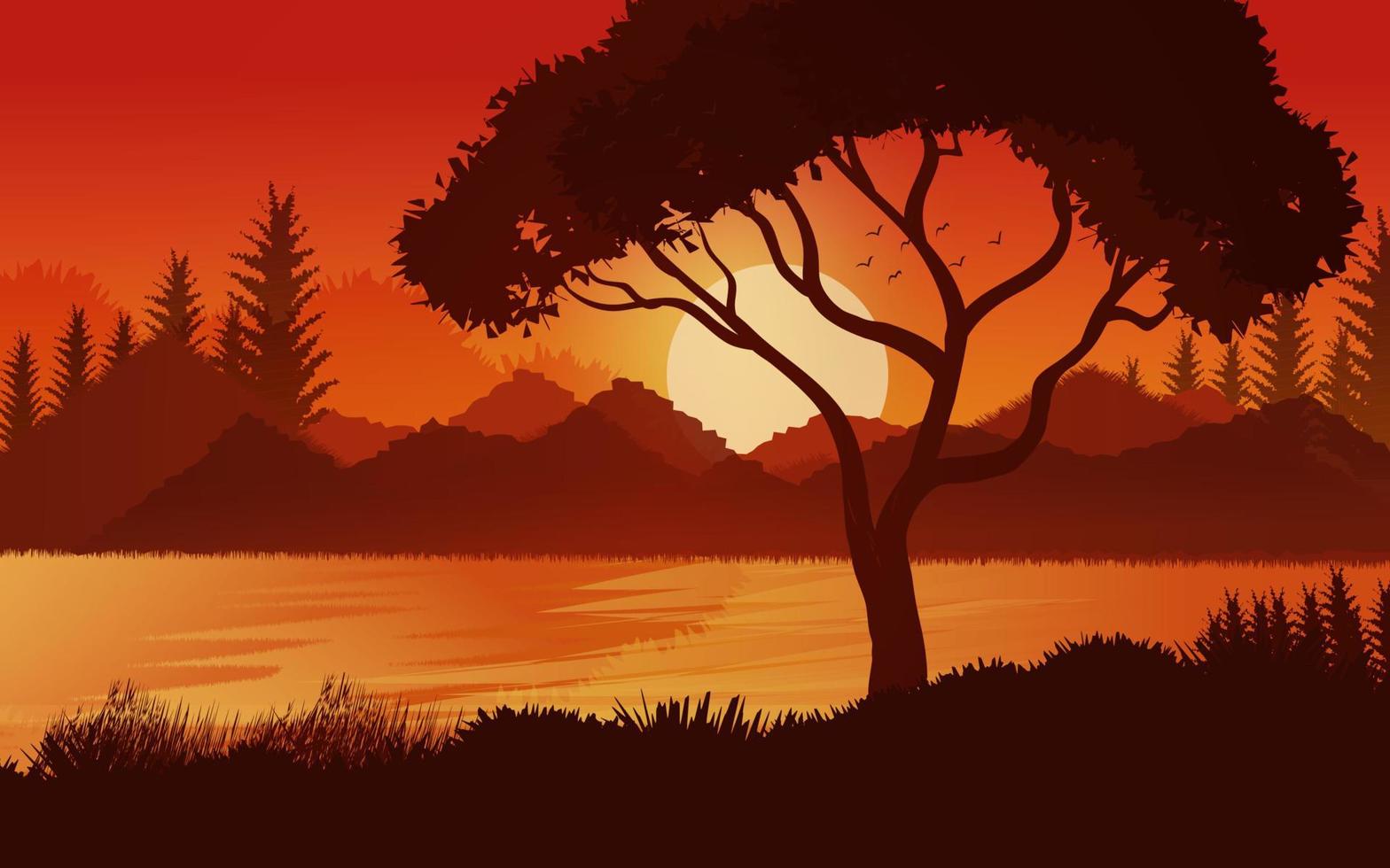 Sunset scene in forest. Glowing forest sky with Mountains landscape background Illustration vector