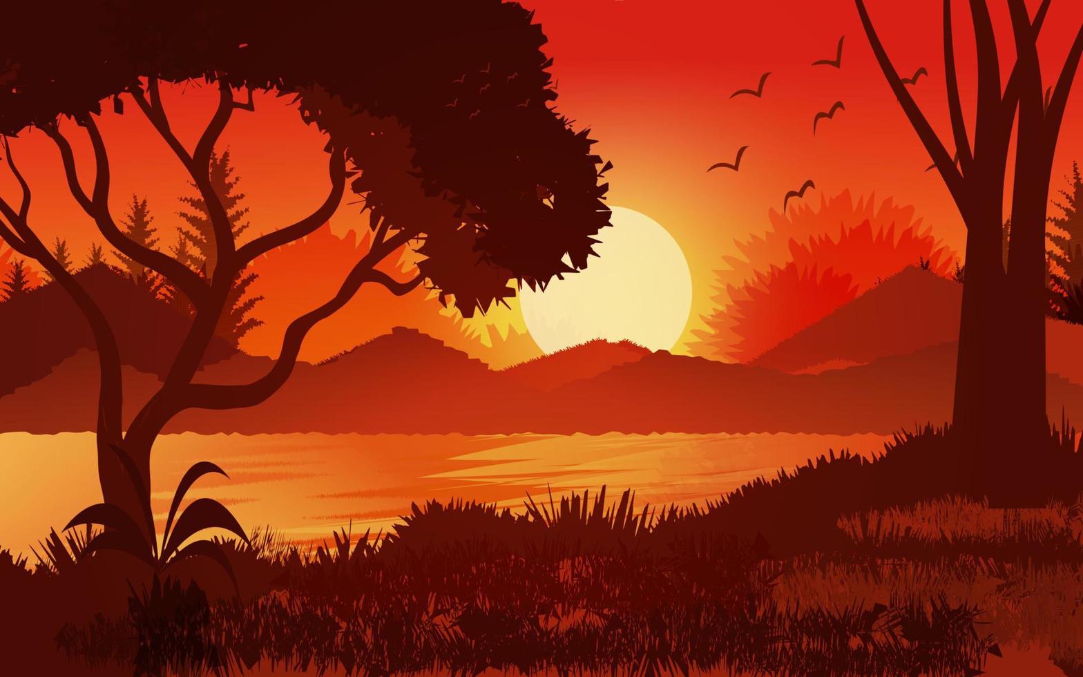 escena del atardecer en el bosque. cielo de bosque brillante con ilustración de fondo de paisaje de montañas vector