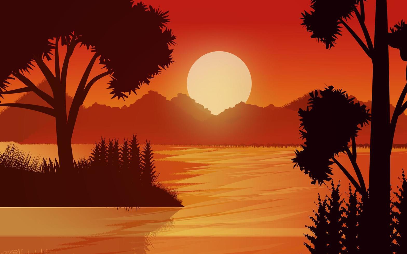 escena del atardecer en el bosque. cielo de bosque brillante con ilustración de fondo de paisaje de montañas vector