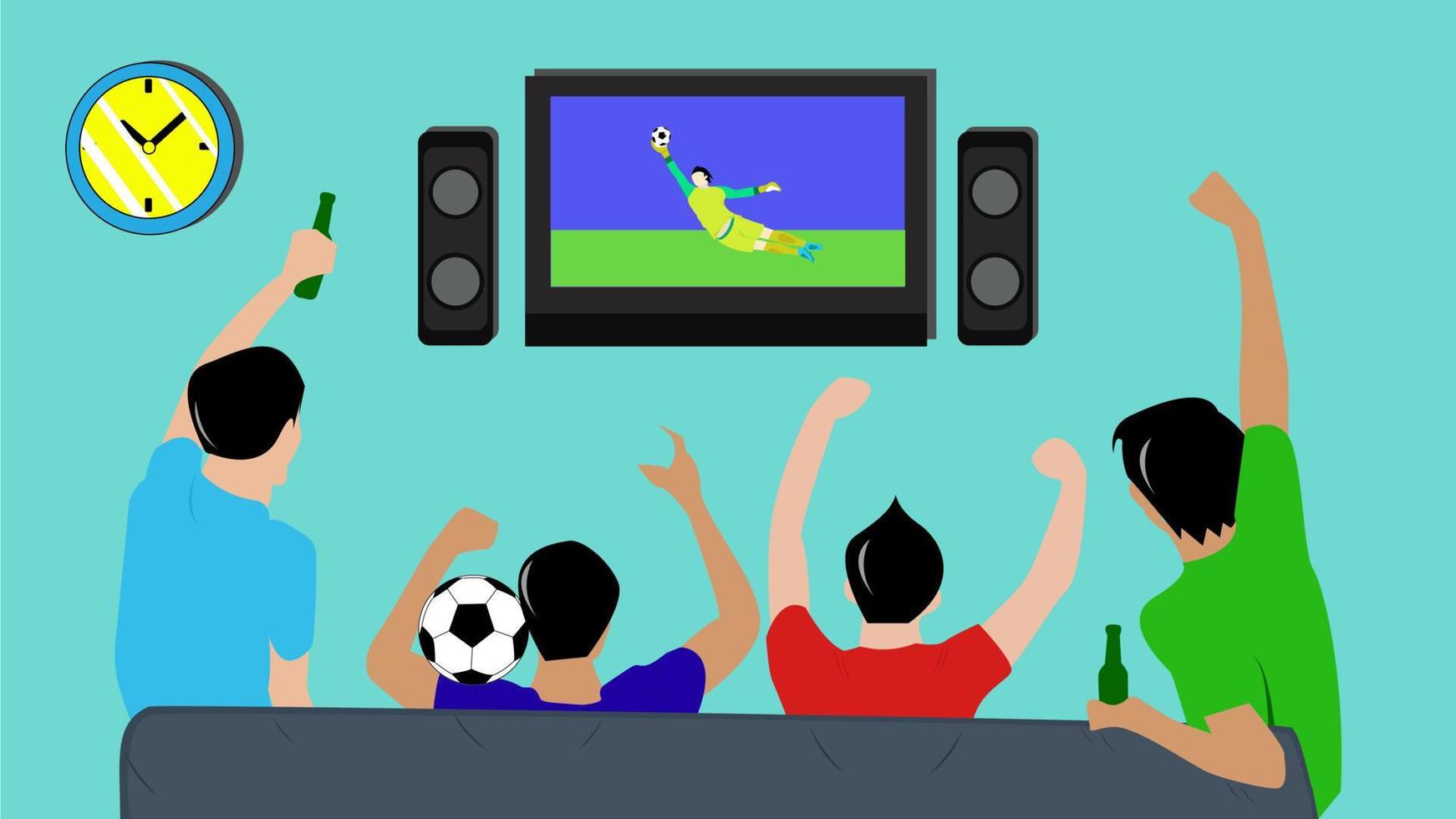 viendo fútbol en la televisión con amigos ilustración vectorial azul vector