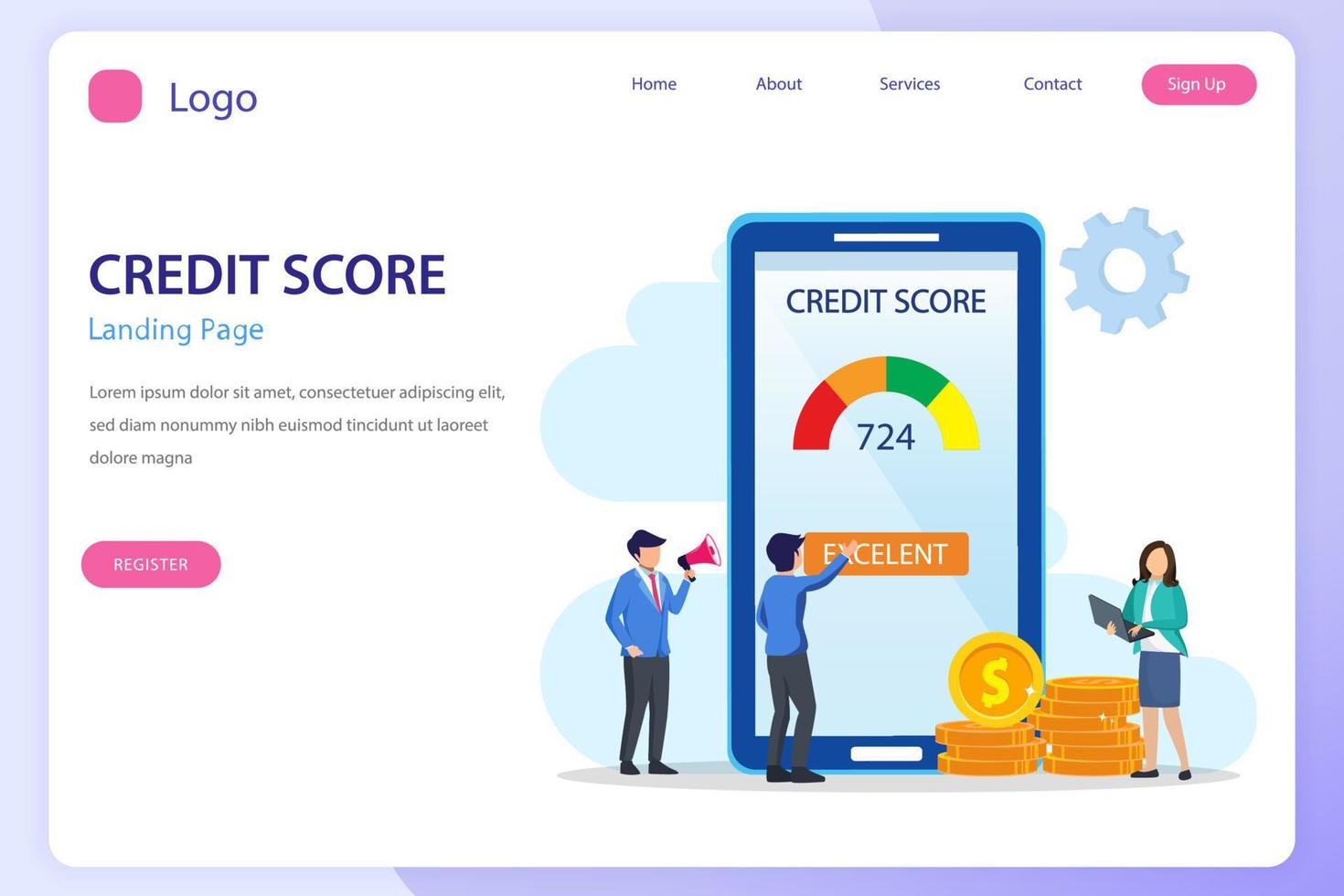 Credit score vector concept, Business people check credit score of while using laptop and smart phone. Flat vector template