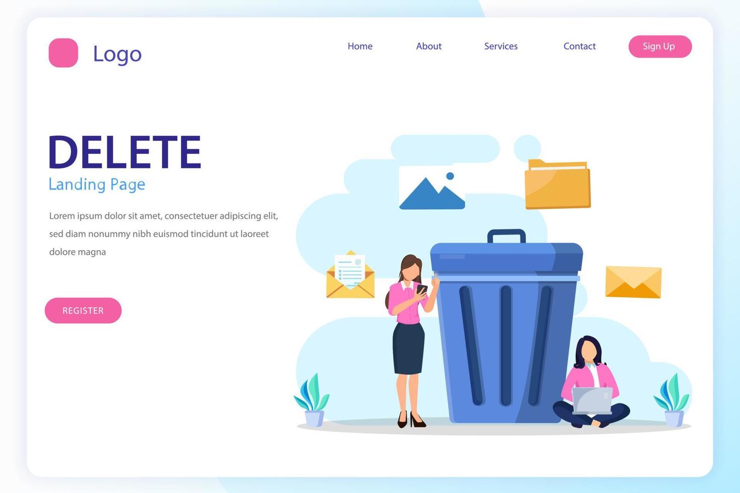 Delete concept. deleting data and move unnecessary files to the trash bin. illustration vector