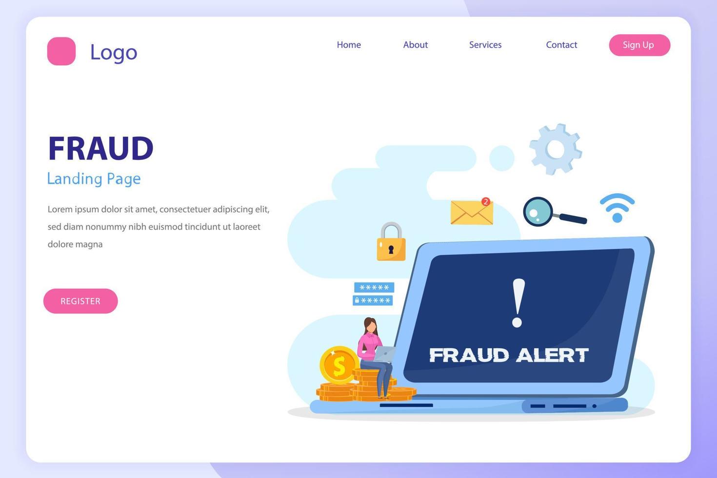 Vector concept of fraud alert, hacker attack and web security