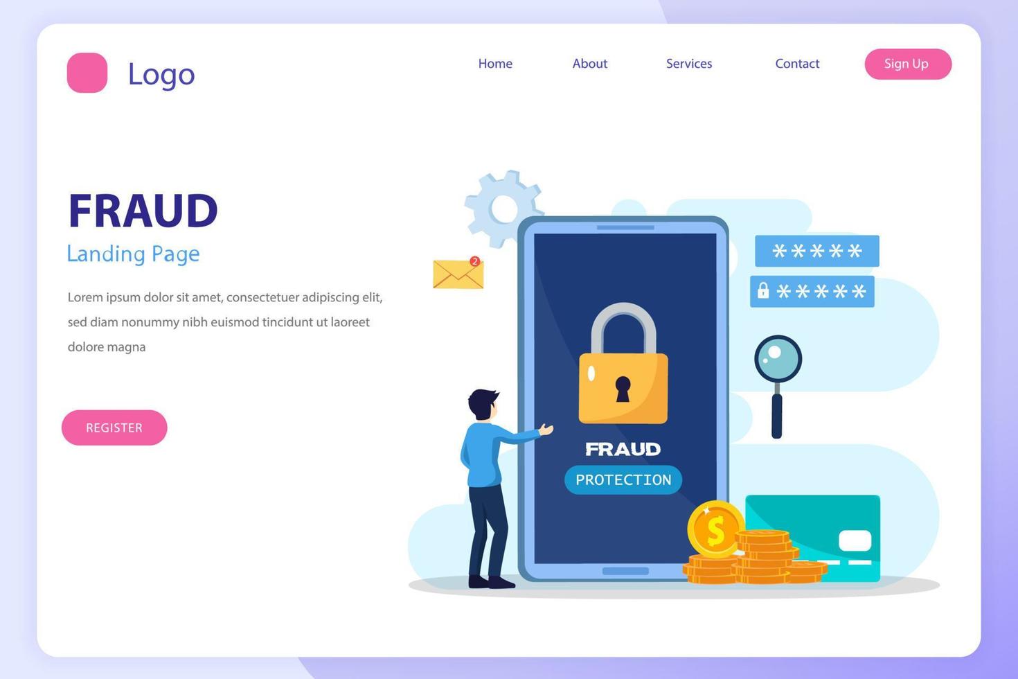 Vector concept of fraud alert, hacker attack and web security