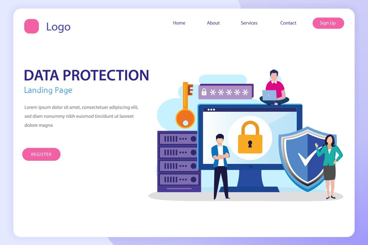 Data Security concept, People work on screen protecting data and files. Flat vector template