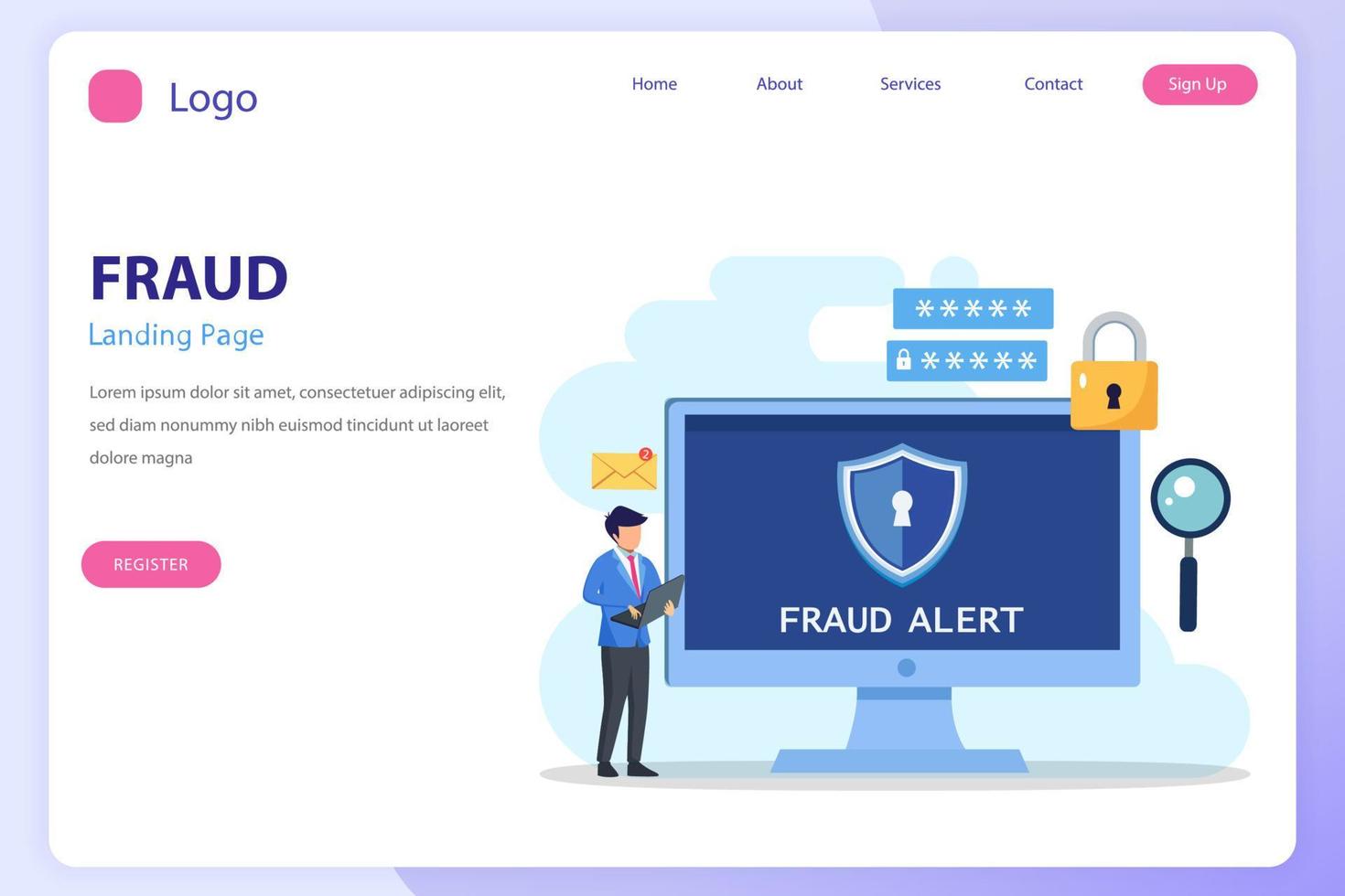 Vector concept of fraud alert, hacker attack and web security