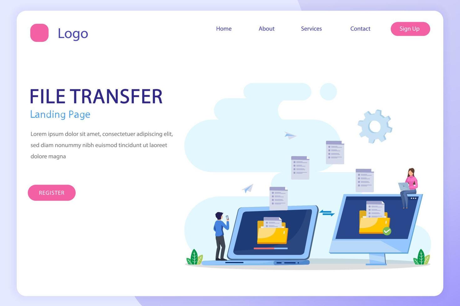 file transfer concept, backup data, technology cloud, upload and download, Flat vector template