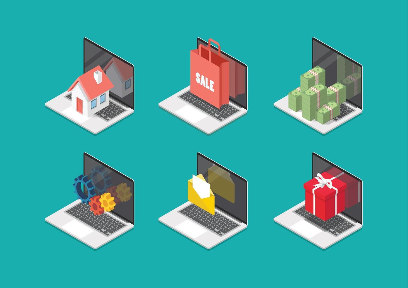 Icon elements on laptop screen isometric view vector