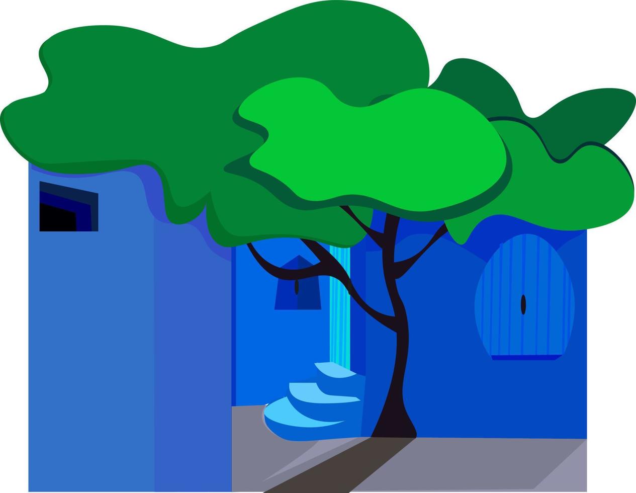 Blue street with green tree, illustration, vector on white background