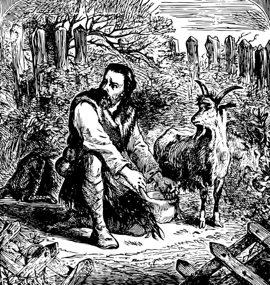 Crusoe on milking his goats, vintage illustration vector