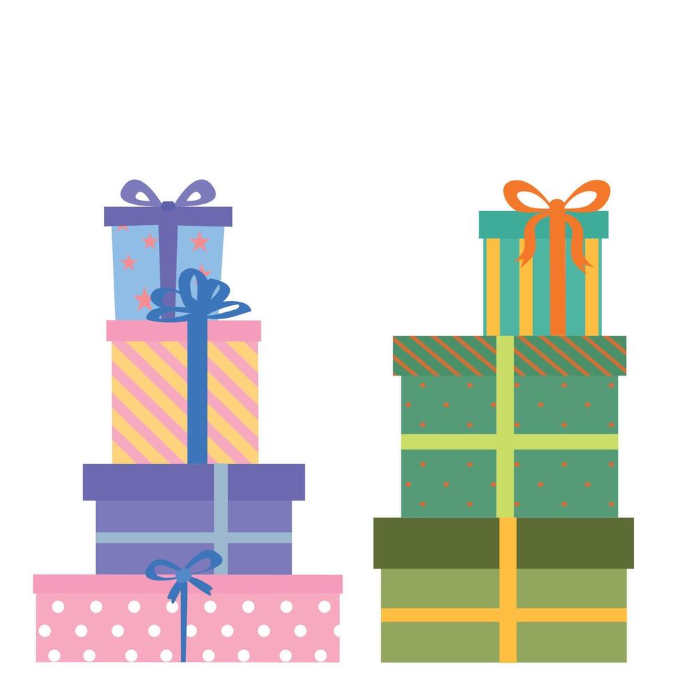 conjunto de caja de regalo. pila de diferentes regalos para las vacaciones de navidad. gran pila de cajas de regalo en papel de regalo festivo con cinta y lazos vector