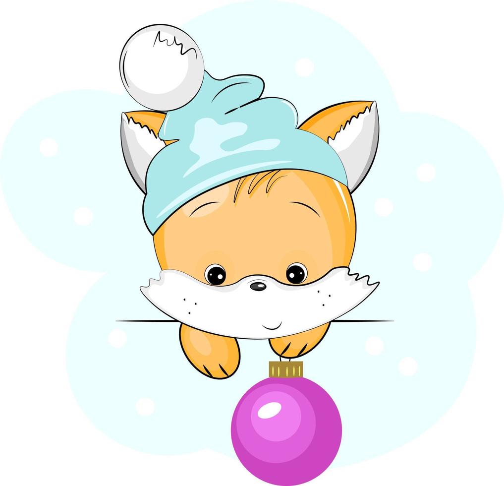 baby fox with toy christmas ball vector