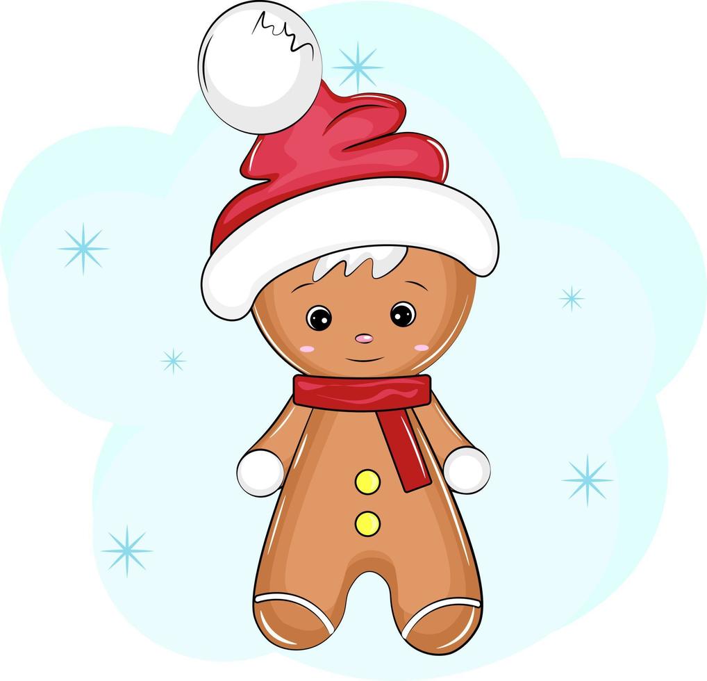 gingerbread boy in santa hat and scarf vector
