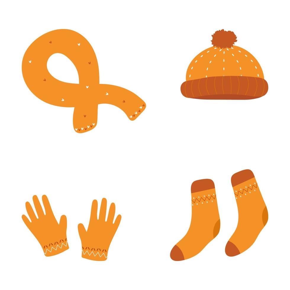 Set of winter or autumn clothes. Colorful cute collection of winter clothes in cartoon style. hat, gloves, scarf and socks. vector