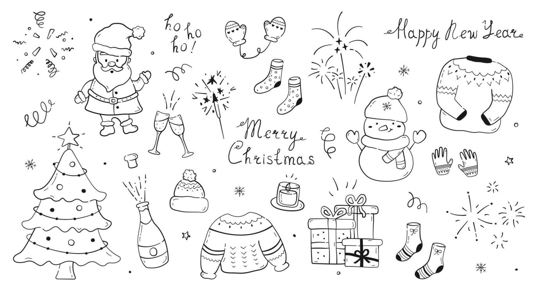 Big collection of hand drawn New Year elements and lettering. Cute doodles set of Christmas characters and tree, champagne, sparkler, firework, confetti, candle, gift boxes and winter clothes. vector