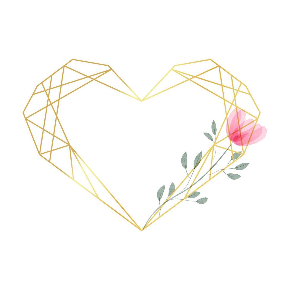 Golden geometric heart border with flower in watercolor style. Luxury polygonal frame for decoration valentine's day, wedding invitations, greeting cards. Vector illustration