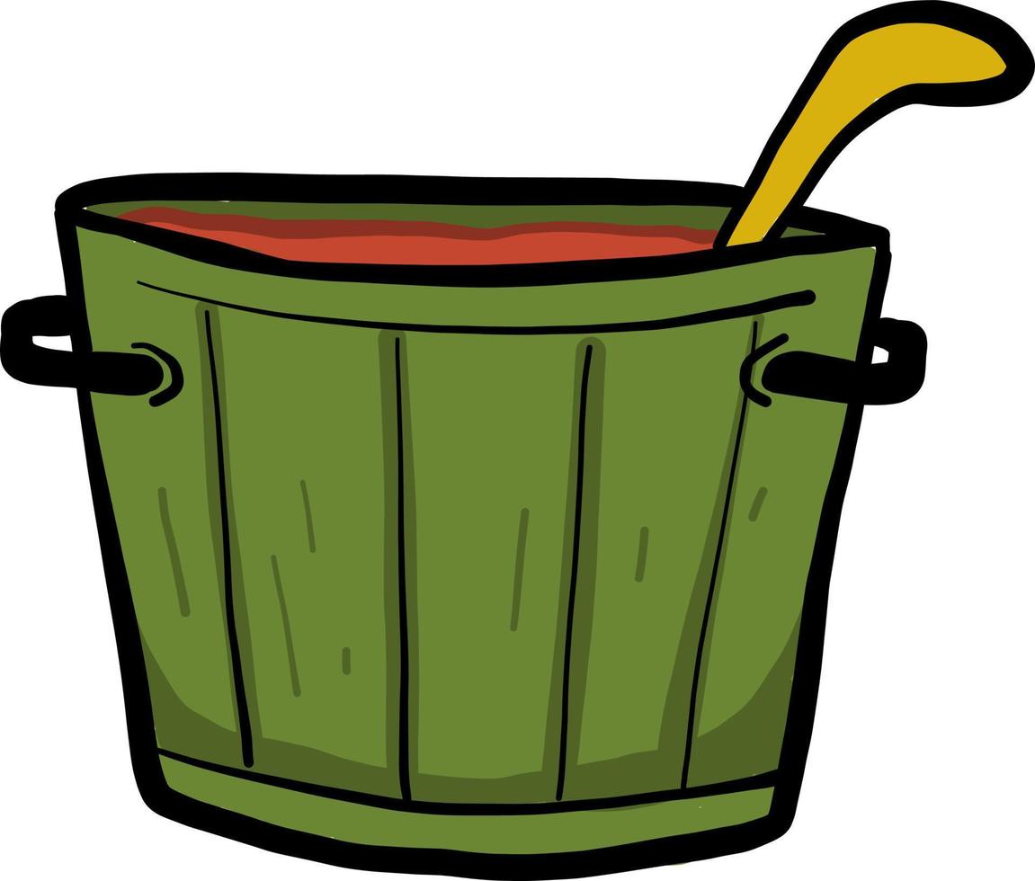 Soup in a wooden saucepan, illustration, vector on white background