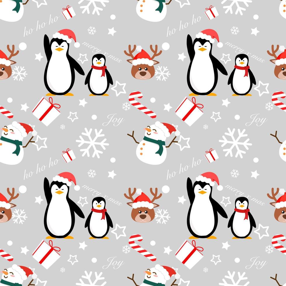 fondo de navidad de patrones sin fisuras de pingüino y muñeco de nieve con copos de nieve, ilustración vectorial. vector