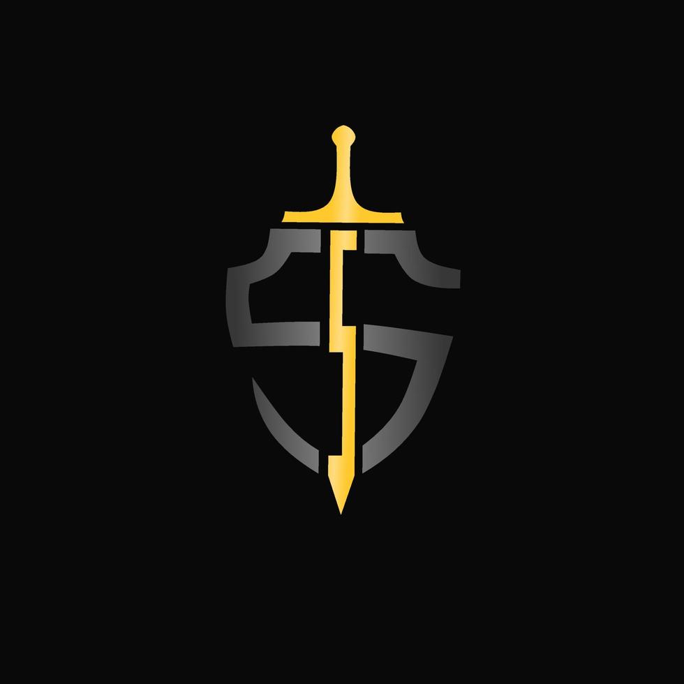 sword logo with shield in the shape of the letter S vector