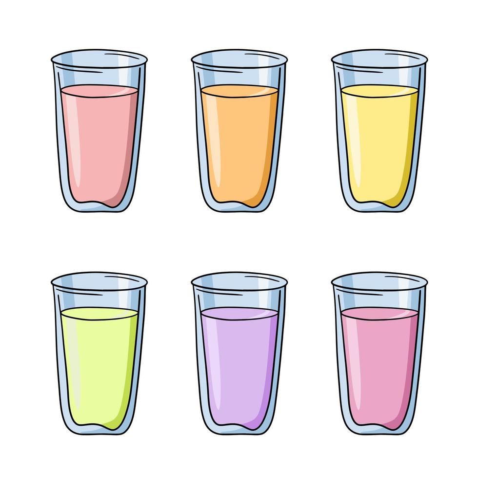 un conjunto de iconos de colores, un vaso de vidrio alto con una bebida, jugo de fruta, un vector en estilo de dibujos animados